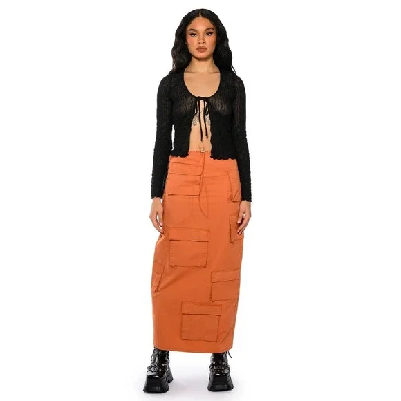 Akira Y3K Utility Chic Guardian Cargo Maxi Skirt S Orange String Elastic Waist - Picture 3 of 11
